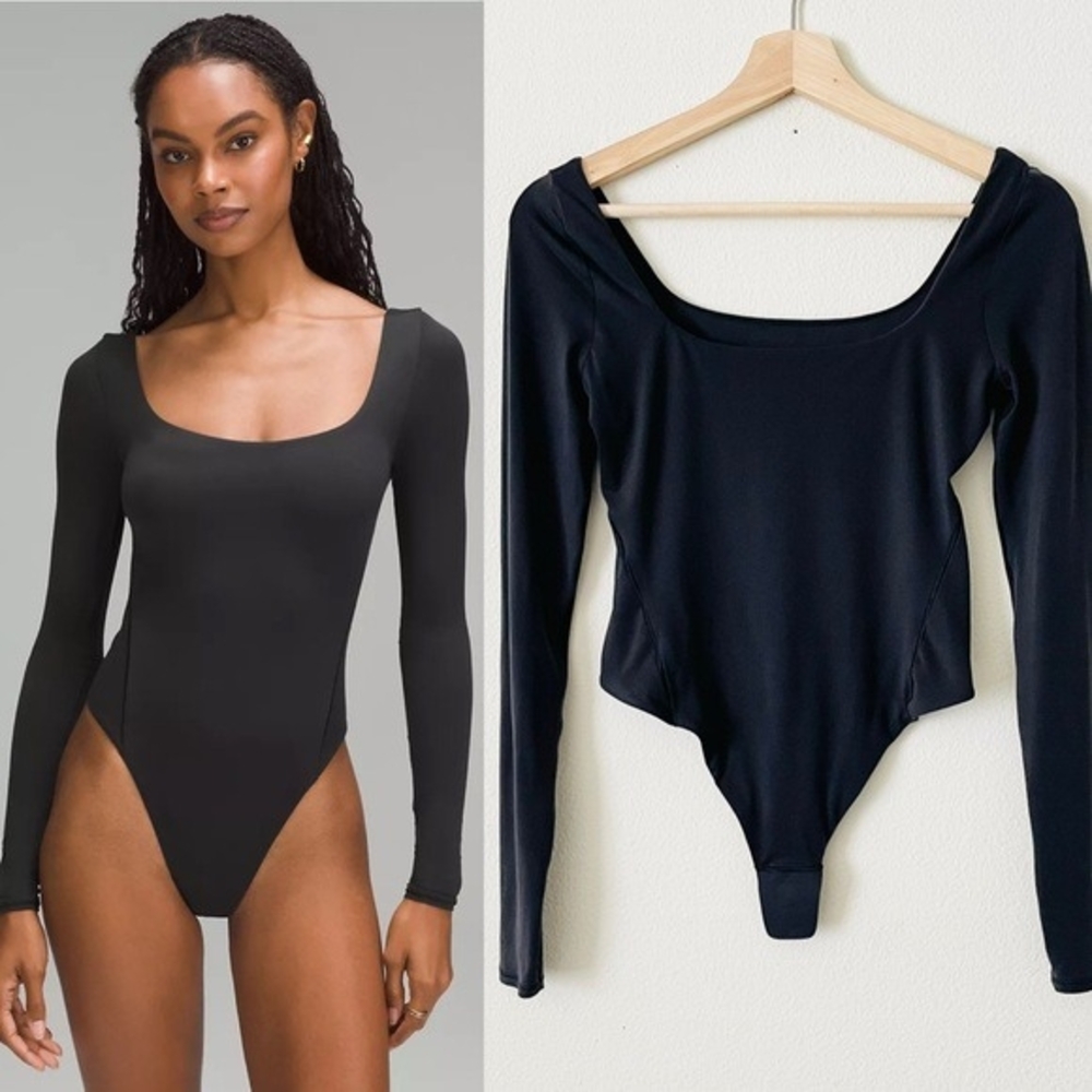 Wundermost Ultra-Soft Nulu Square-Neck Long-Sleeve Bodysuit Medium BLACK